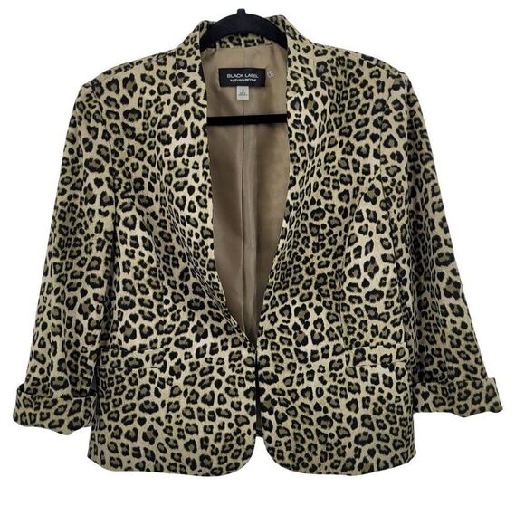 Evan-Picone Black Label Sigle Breasted Blazer 10 Green Animal Cheetah Collarless - Picture 1 of 10